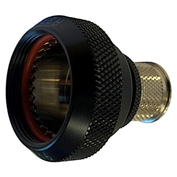 Front view of EMCA Straight Screened Adaptor in Black Hybrid finish (Part Number: A37-526-4J10KN)