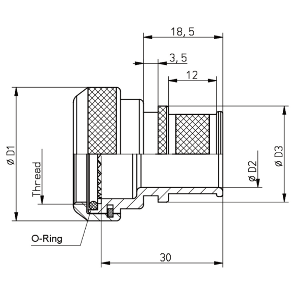 Dimensions of EMCA Straight Screened Adaptor in Black Zinc Nickel finish (Part Number: A37-526-3208KN)
