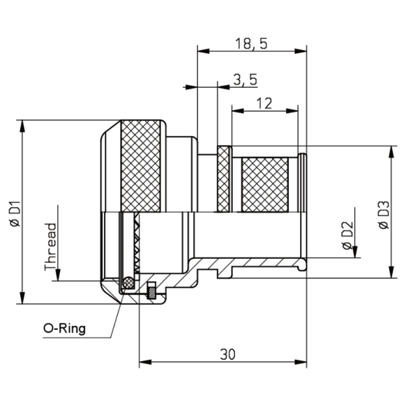 Dimensions of EMCA Straight (RFI/EMI) Screened Adaptor in Black Zinc Nickel finish (Part Number: A37-796-2209)