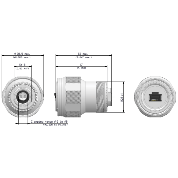 Dimensions of EMCA Connector Solutions RJ45 CAT6A Plug Connector in Cadmium Olive Drab finish (Part Number: X1-9878-19-6 N)