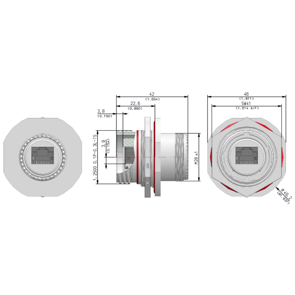 Dimensions of EMCA Connector Solutions RJ45 CAT6A Feedthrough Sealed Jam Nut Receptacle in Black Zinc Nickel finish (Part Number: X1-9885-19-2 N 0)