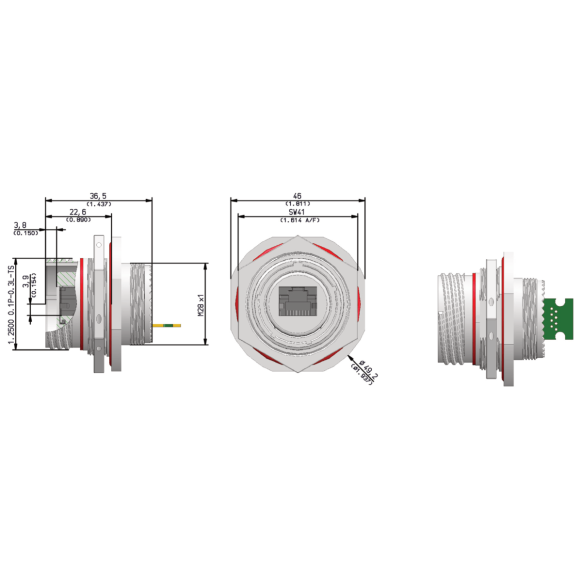 Dimensions of EMCA Connector Solutions RJ45 CAT6A PCB Jam Nut Receptacle in Stainless Steel finish (Part Number: X1-9887-19-1 N 0)