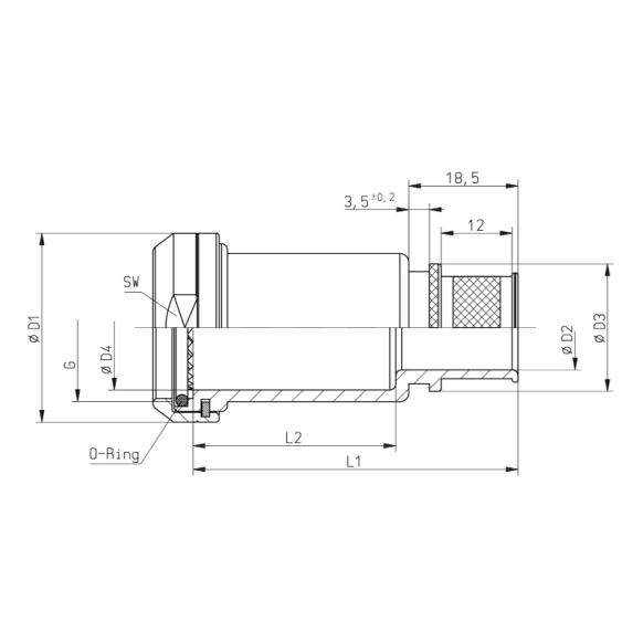 Dimensions of EMCA Straight RFI/EMI Extended Backshell in Green Hybrid finish (Part Number: A37-035-5U08LKN)